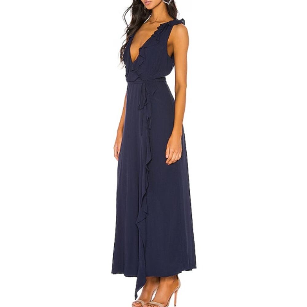 Bardot Alex Ruffle Maxi Dress Women's 6 Navy Deep V Wrap Ruffle Tie Back